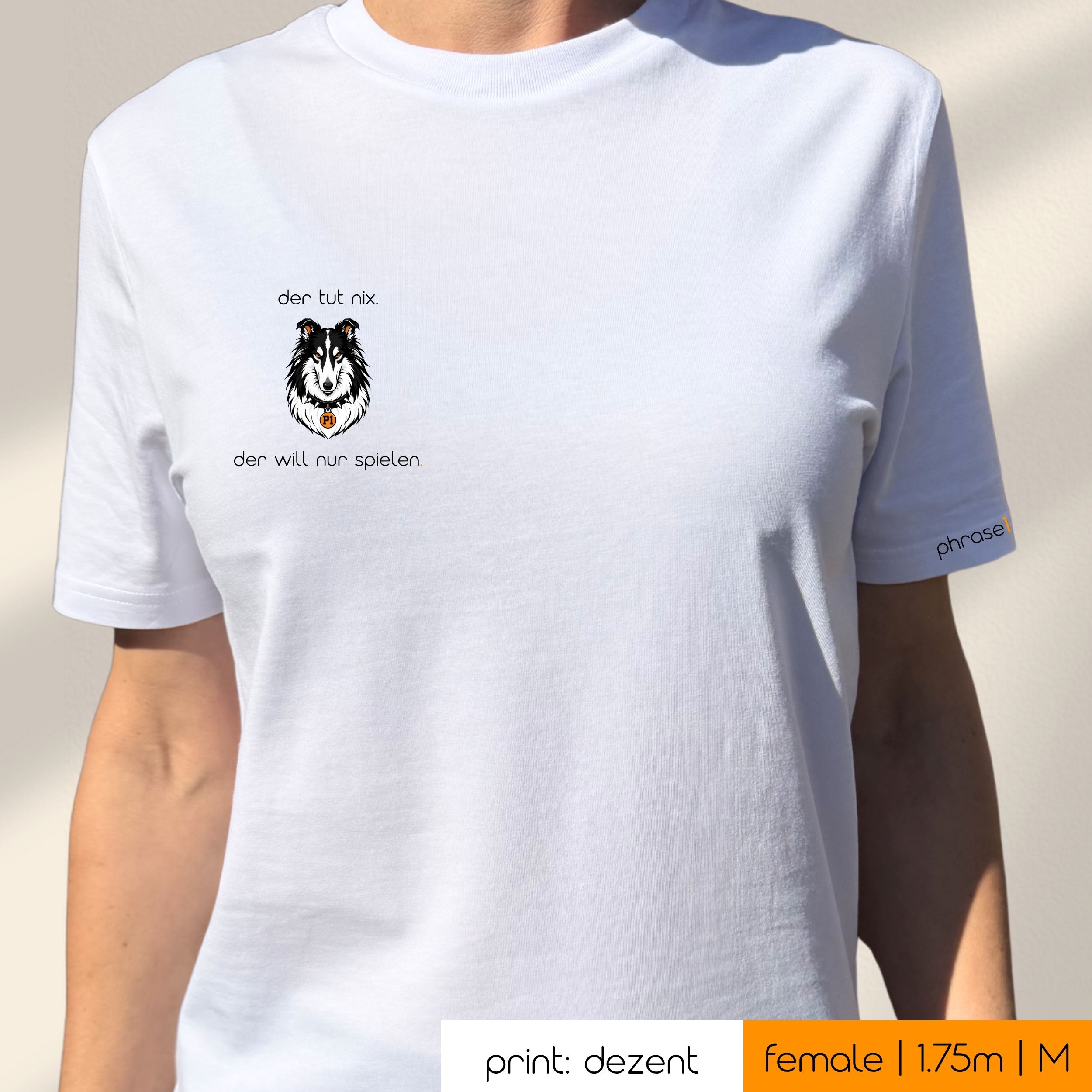 Premium T-Shirt mit Visual Border Collie und Spruch „der tut nix. der will nur spielen.“ 